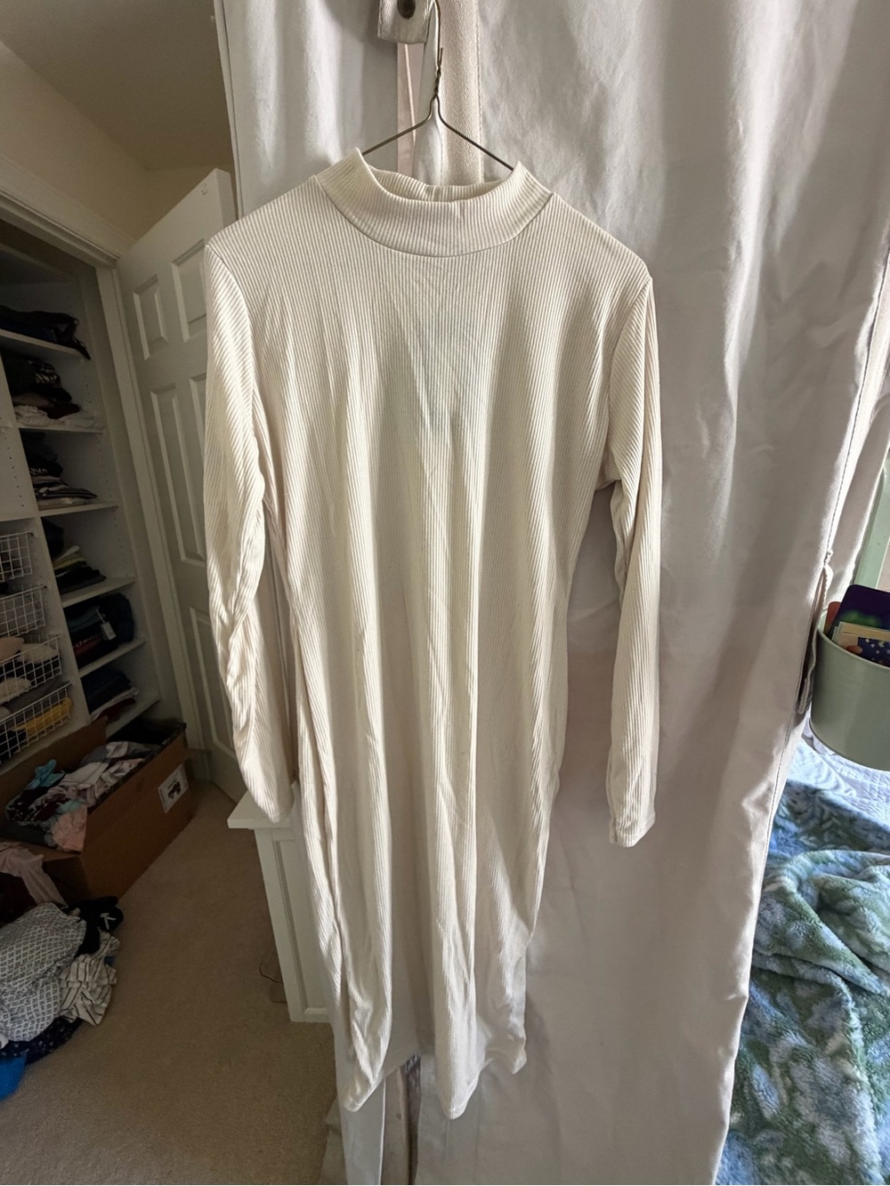 PrettyLittleThing Cream Long Sleeve Ribbed Midi Dress